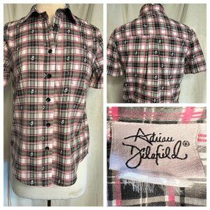 Adriana Delafield blouse medium short sleeve pink black pocket collar  FLAW
